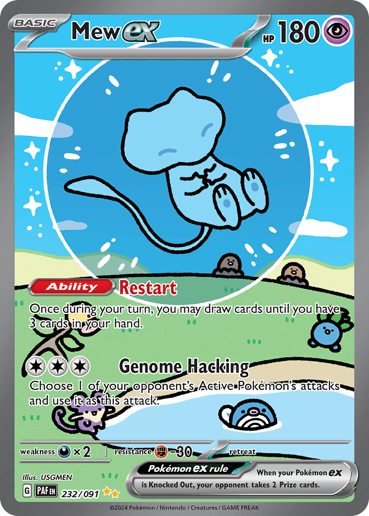 Mew ex 232/091 from Paldean Fates; representative card, not 30th Celebration card art.