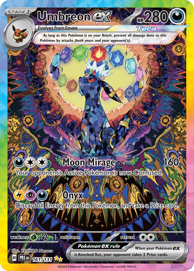 Umbreon ex 161/131 from Prismatic Evolutions; representative card, not 30th Celebration card art.