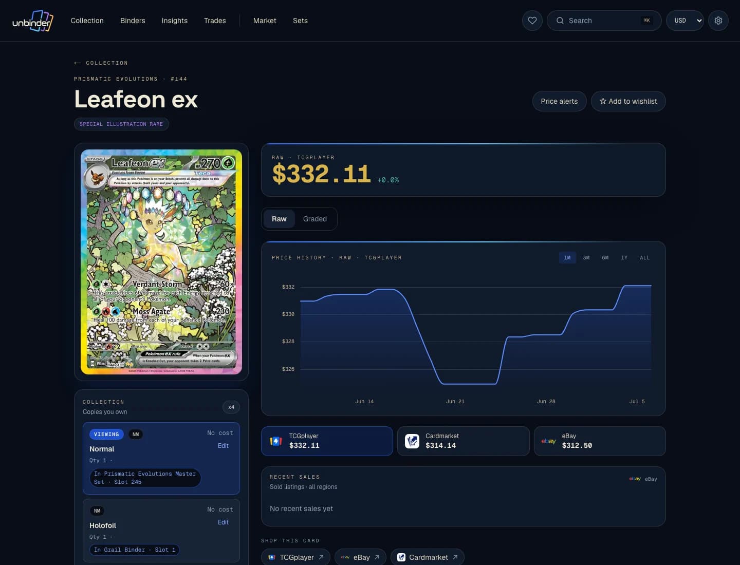Unbinder card detail with price history and marketplace sources for a Pokémon card.