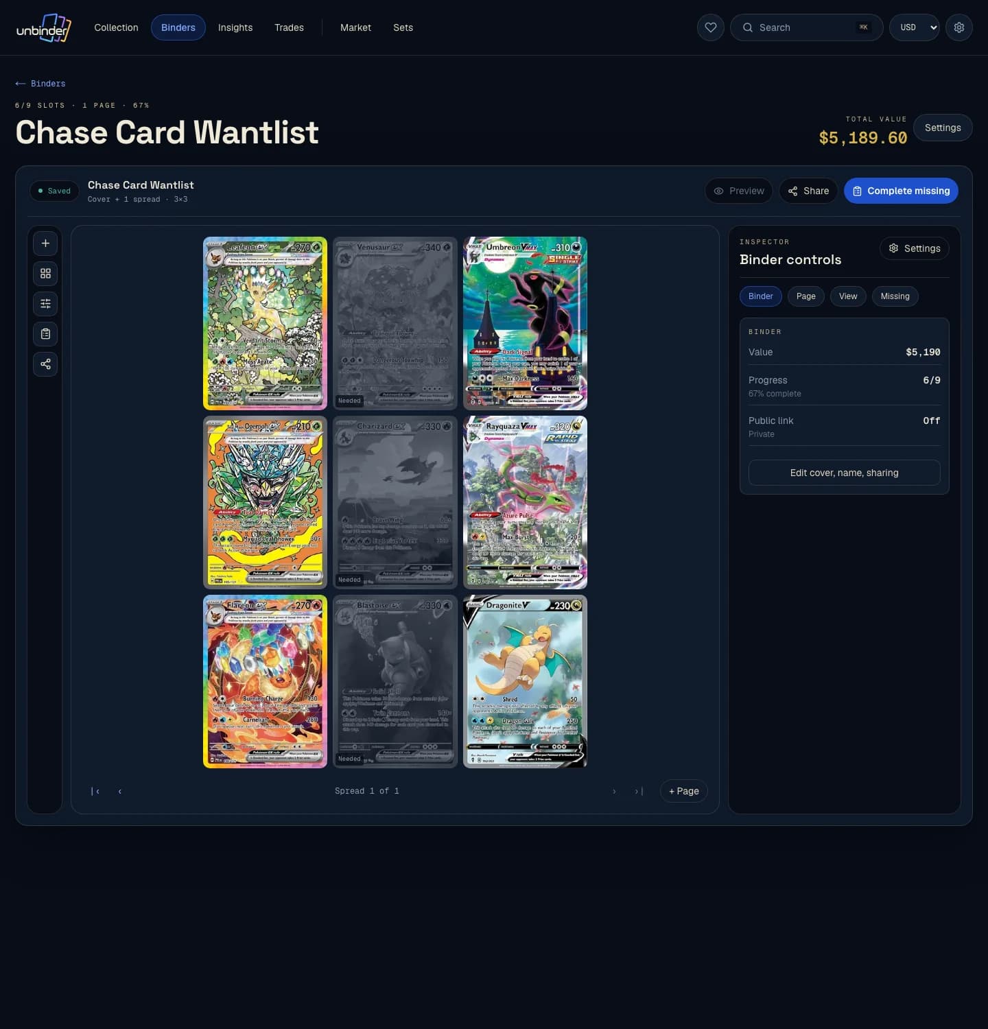 Unbinder binder showing owned Pokémon cards alongside marked missing cards.