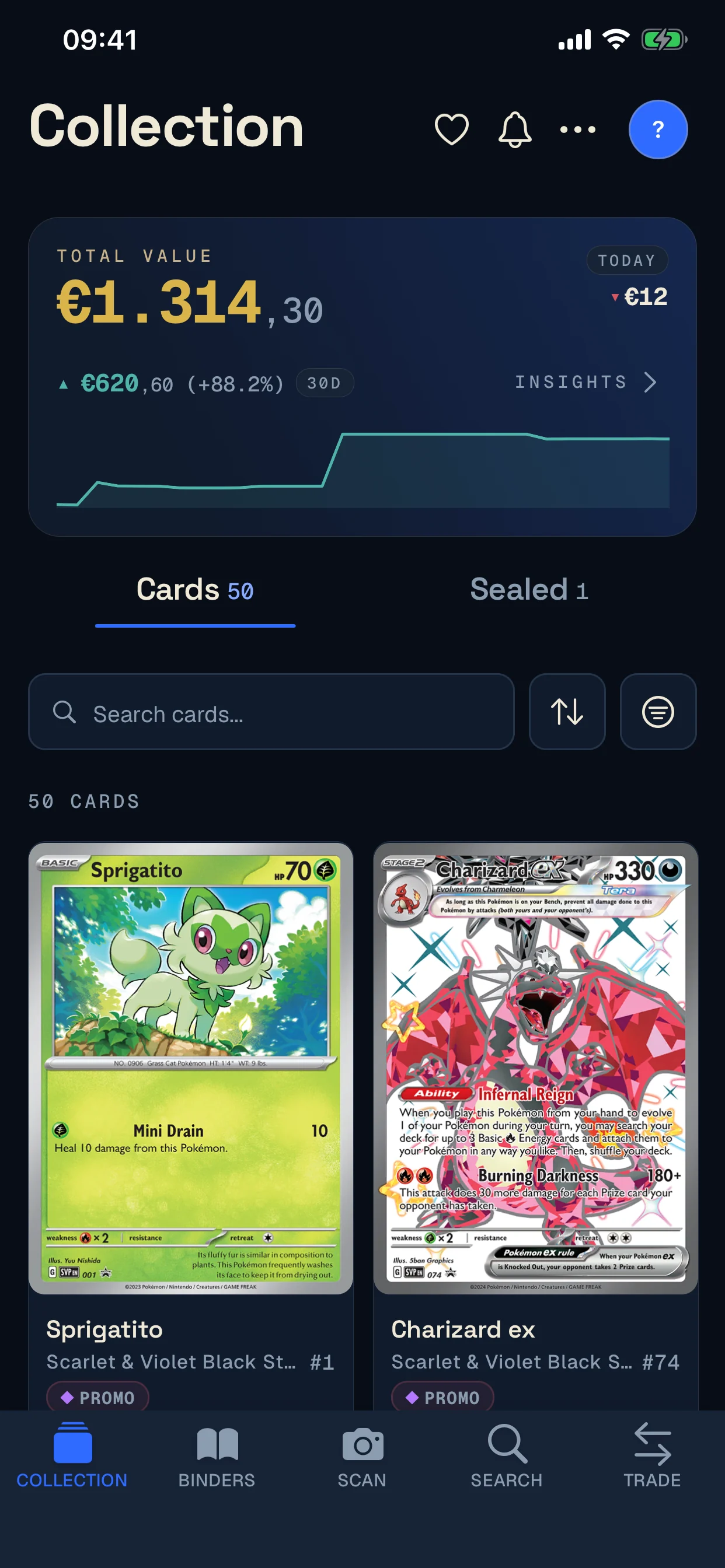 Unbinder mobile collection with total value, search, and Pokemon cards.