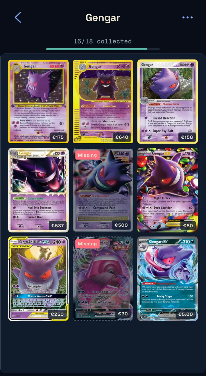 A personal Unbinder Gengar binder with collected cards and marked missing cards.