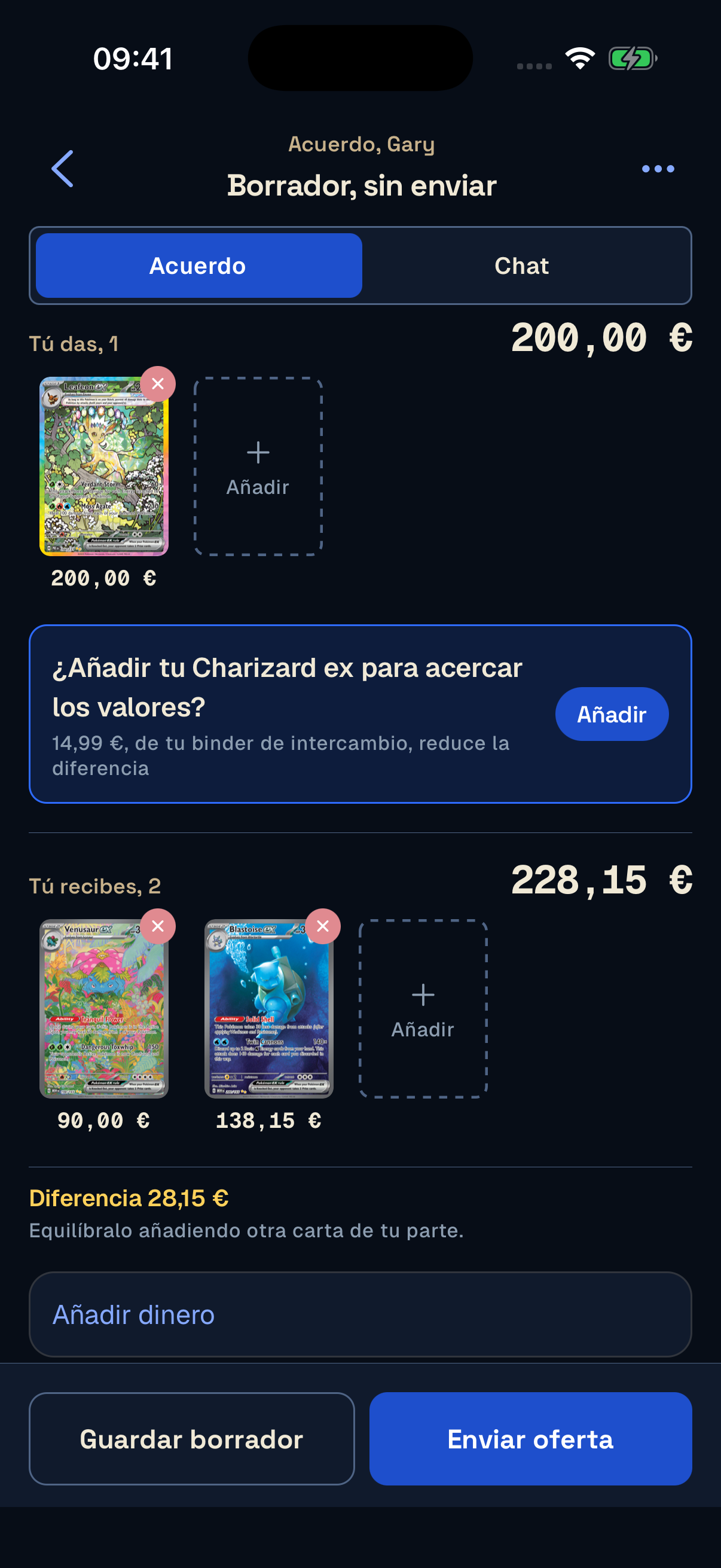 Un borrador de intercambio en Unbinder con Gary: un Leafeon por Venusaur y Blastoise.