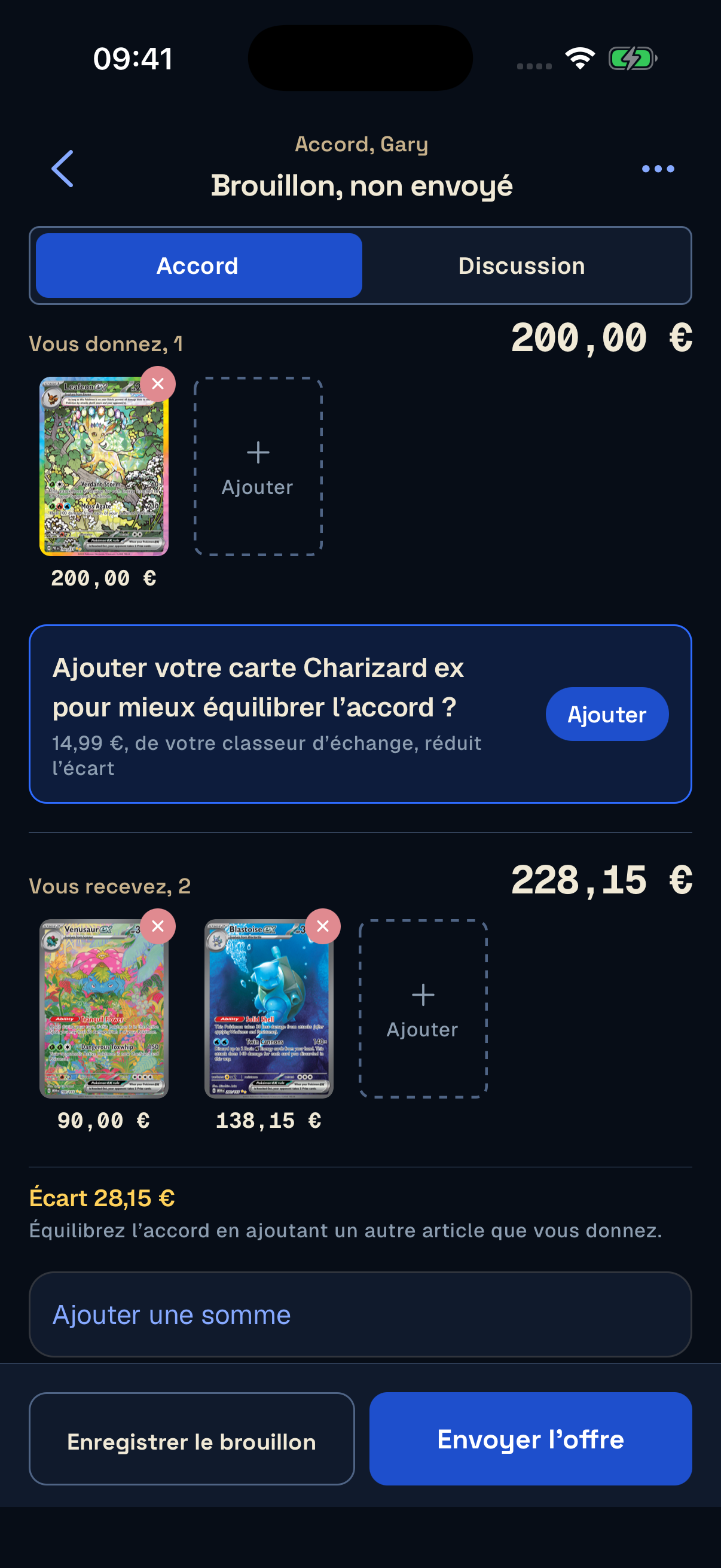 Une proposition d’échange Unbinder avec Gary : un Phyllali contre Florizarre et Tortank.