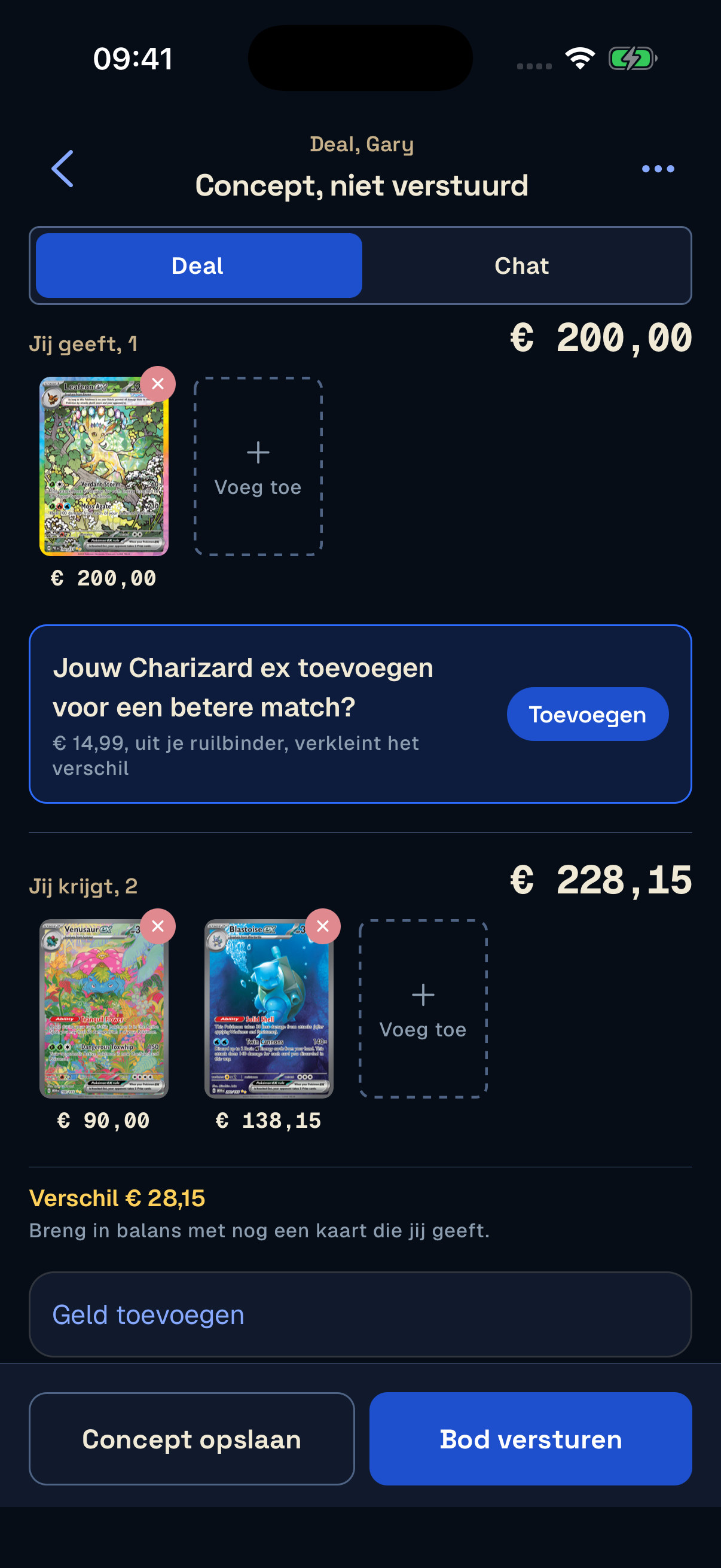 Een conceptruil in Unbinder met Gary: één Leafeon tegenover Venusaur en Blastoise.