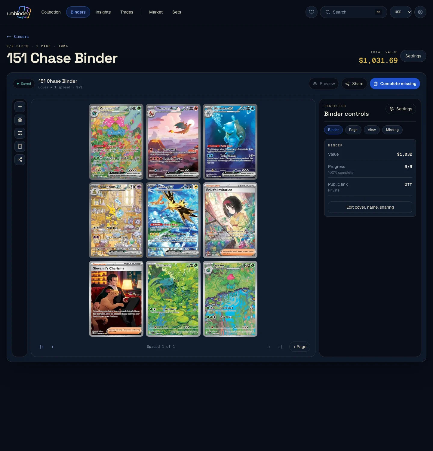 Unbinder web binder showing Pokémon 151 cards arranged in set-focused page slots.