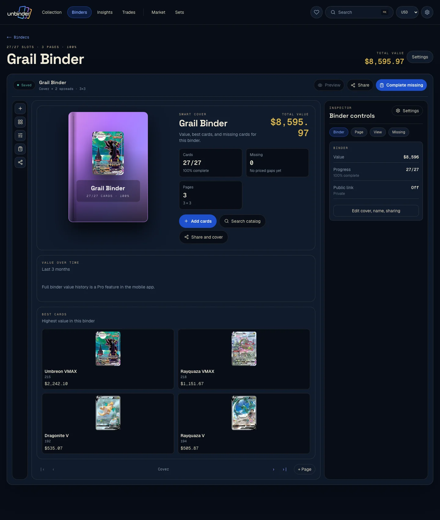Unbinder web binder view showing Pokemon cards organized into binder slots.