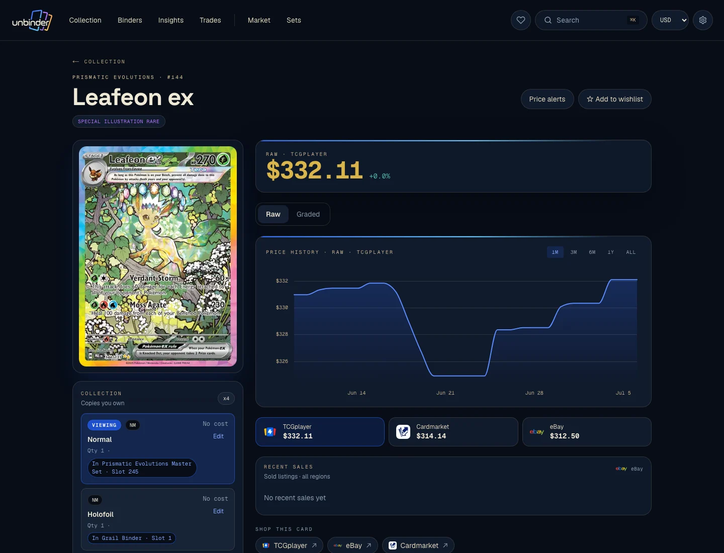 Unbinder card detail with price history and marketplace sources for a Pokémon card.