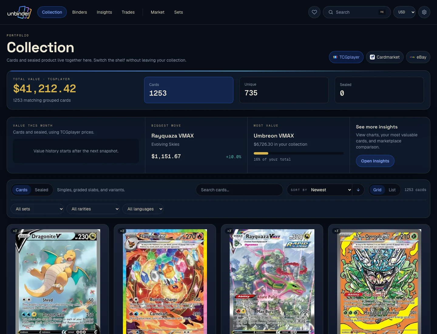 Unbinder web collection overview with Pokémon cards, filters, quantities, and collection value.