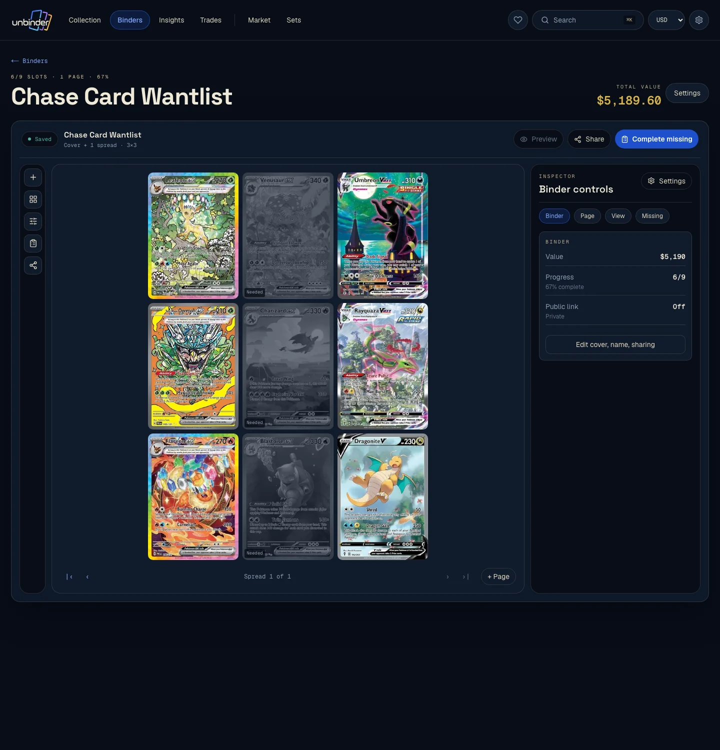 Unbinder binder showing owned Pokémon cards alongside marked missing cards.