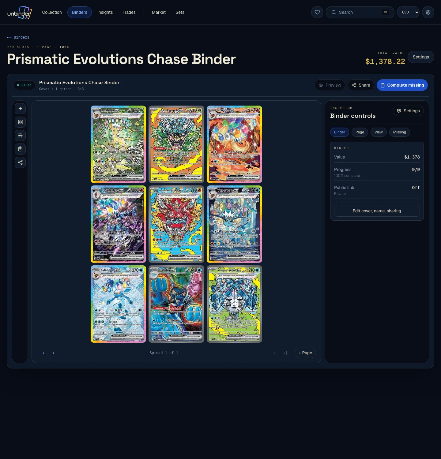 Unbinder binder view showing Pokemon cards organized into binder slots.